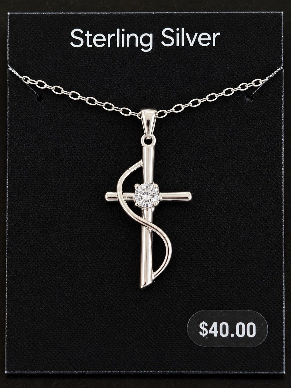 Sterling Silver Cross Necklace 18” Clear Stone Swirl Pendant NWT